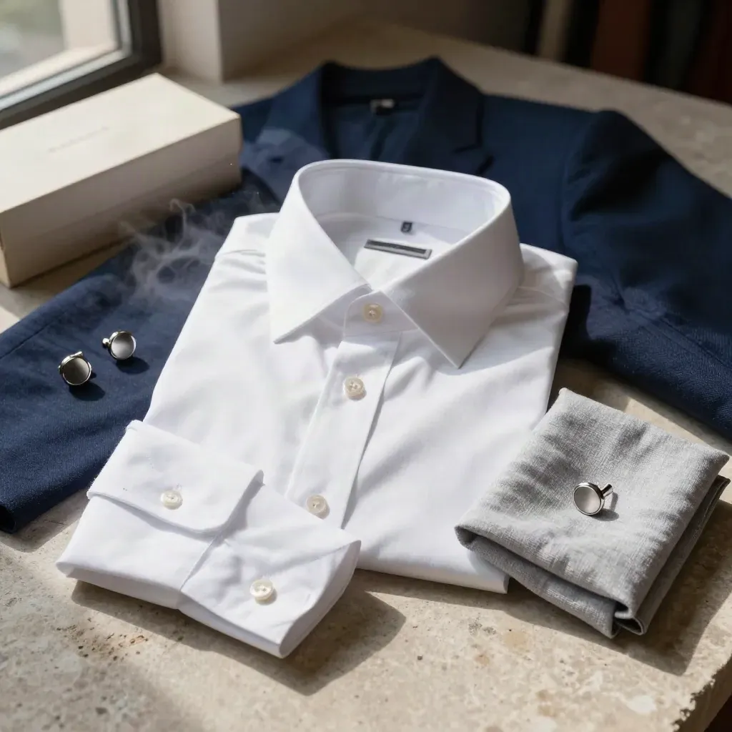 Camicia bianca stirata con blazer blu, gemelli e fazzoletto di lino su fondo chiaro.