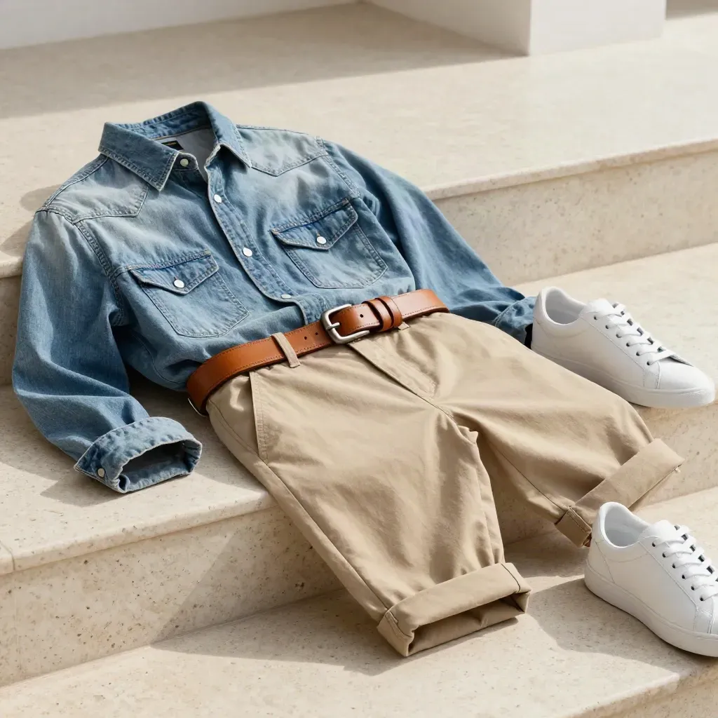 Camicia denim chiaro con chino sabbia, sneakers bianche e cintura arrotolata su gradino di travertino.