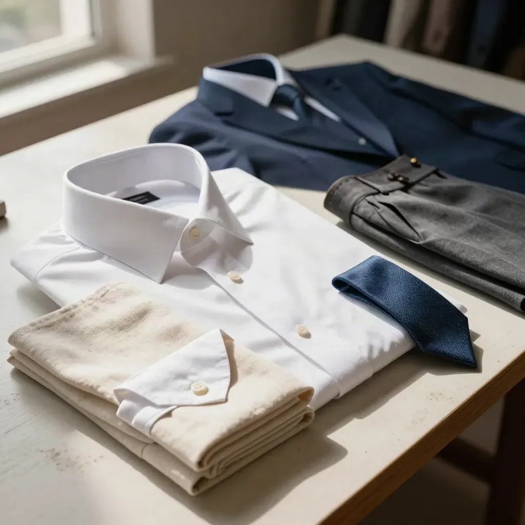 Camicia bianca con giacca blu, cravatta denim e pantalone grigio su tavolo da sartoria