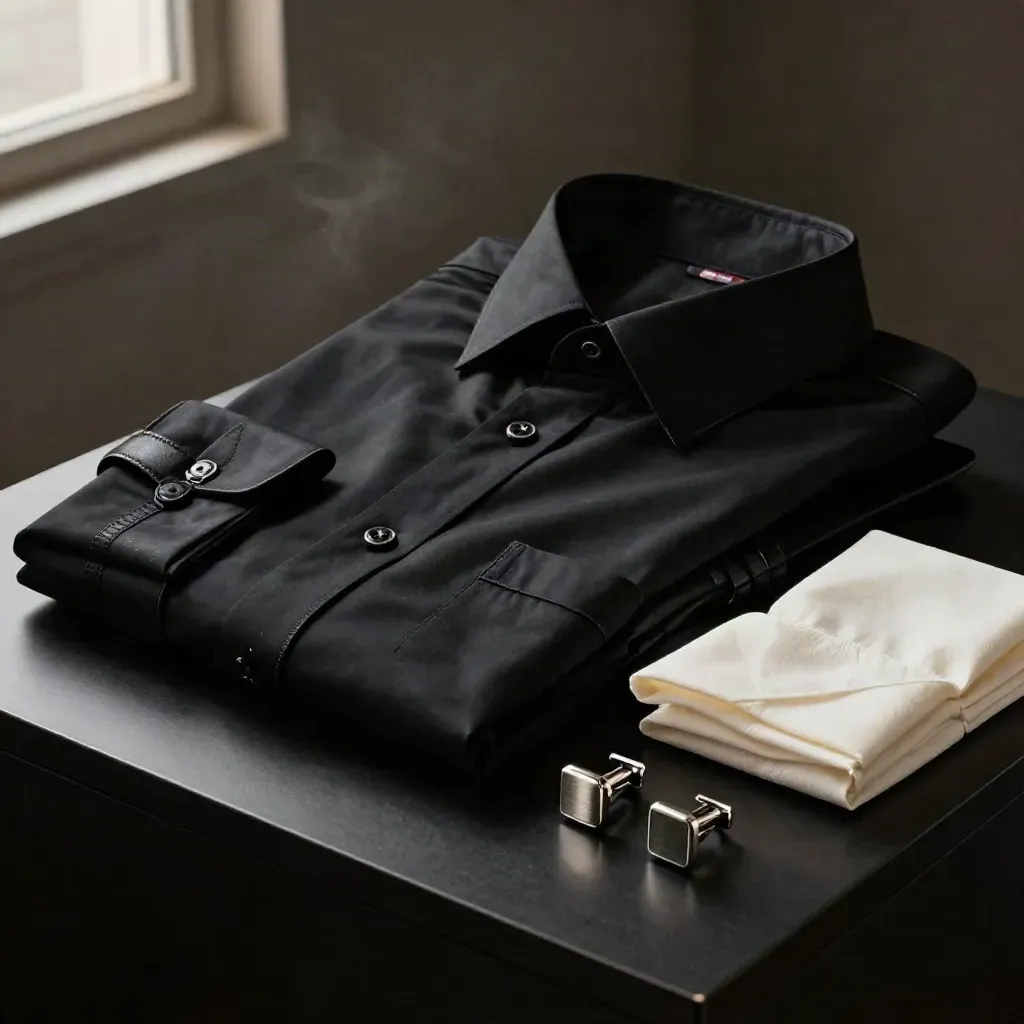 Camicia nera slim con cintura, gemelli e velina su fondo scuro drammatico