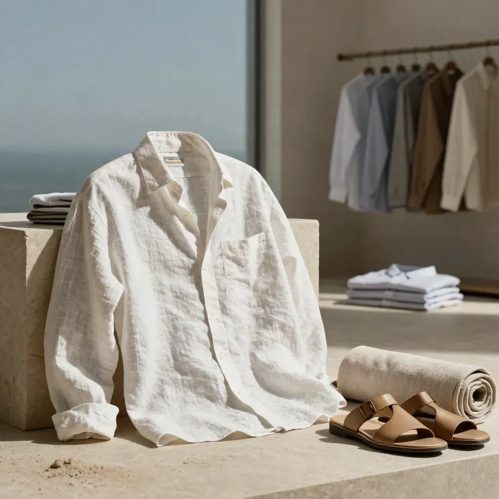 Camicia in lino bianco su pietra chiara con sandali e panno arrotolato, luce morbida.
