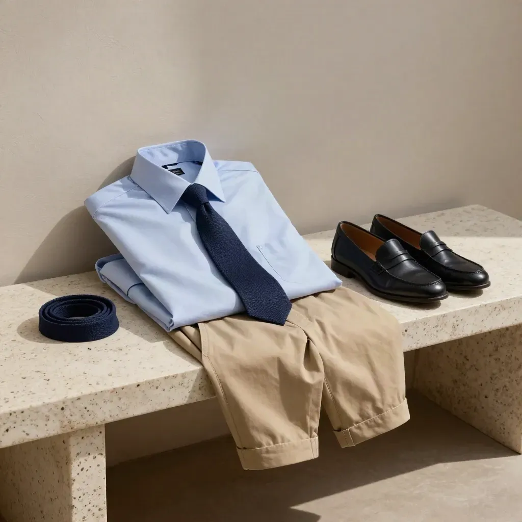 Camicia azzurra slim, chino sabbia e mocassini su panca in travertino, luce mattutina.