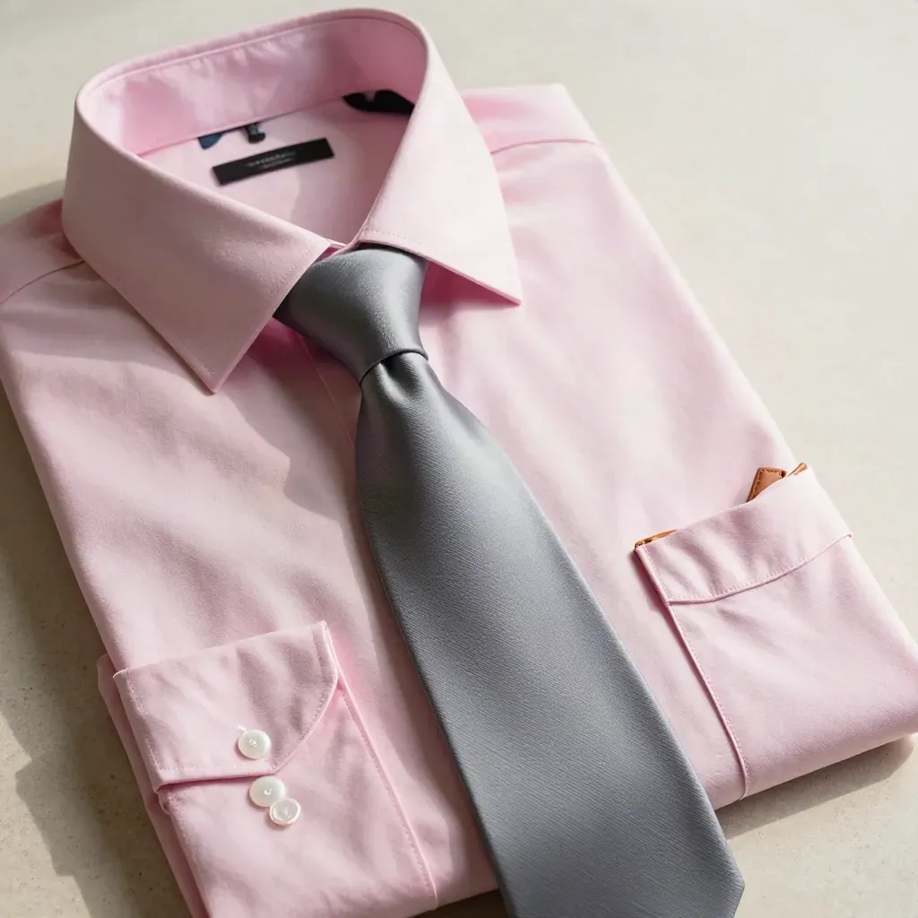 Dettaglio macro di camicia rosa chiaro con cravatta grigio fumo, cintura in pelle e fazzoletto avorio